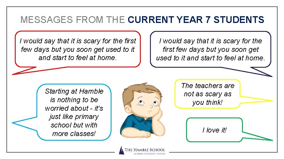 MESSAGES FROM THE CURRENT YEAR 7 STUDENTS I would say that it is scary