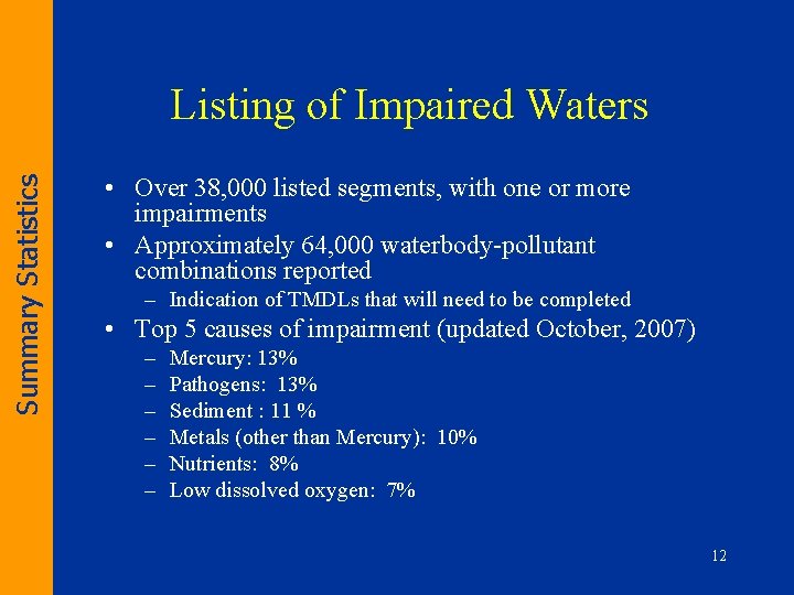 Summary Statistics Listing of Impaired Waters • Over 38, 000 listed segments, with one