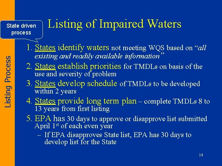 Listing Process State driven process Listing of Impaired Waters 1. States identify waters not