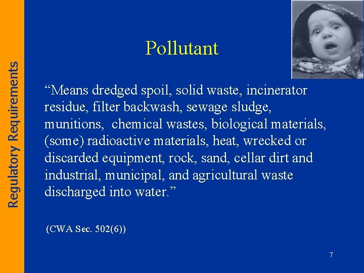 Regulatory Requirements Pollutant “Means dredged spoil, solid waste, incinerator residue, filter backwash, sewage sludge,