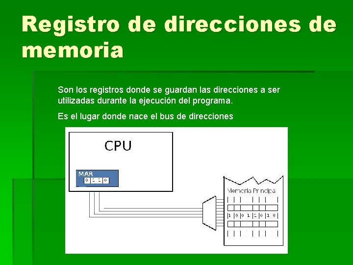 Registro de direcciones de memoria Son los registros donde se guardan las direcciones a