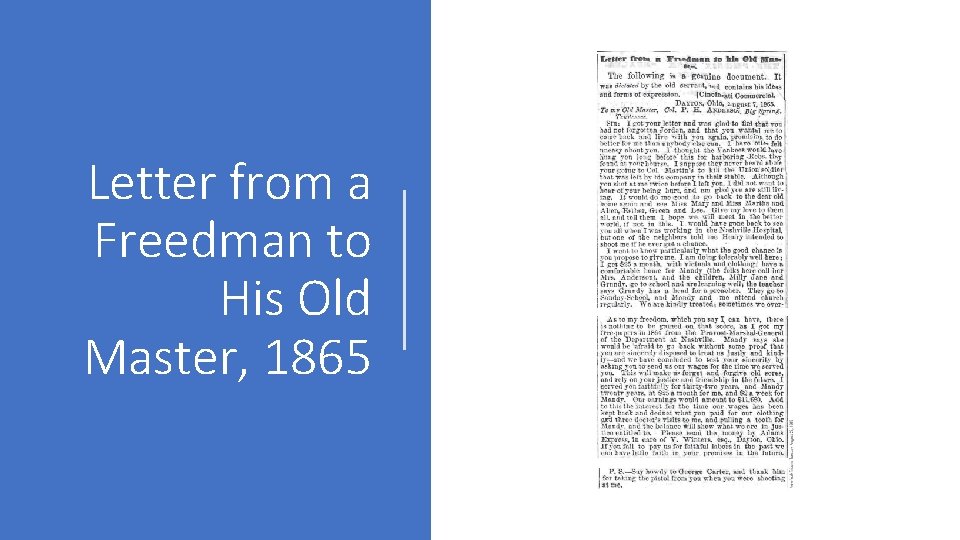 Letter from a Freedman to His Old Master, 1865 