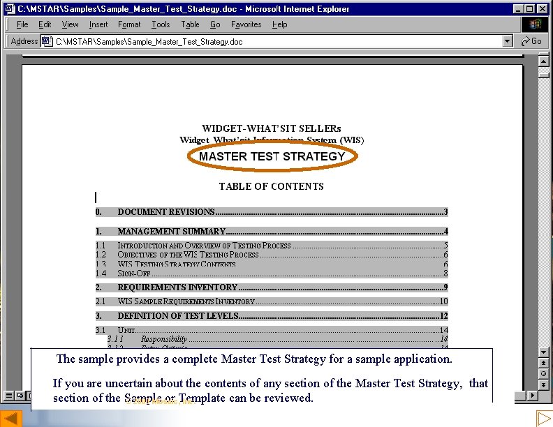 View Section The sample provides a complete Master Test Strategy for a sample application.