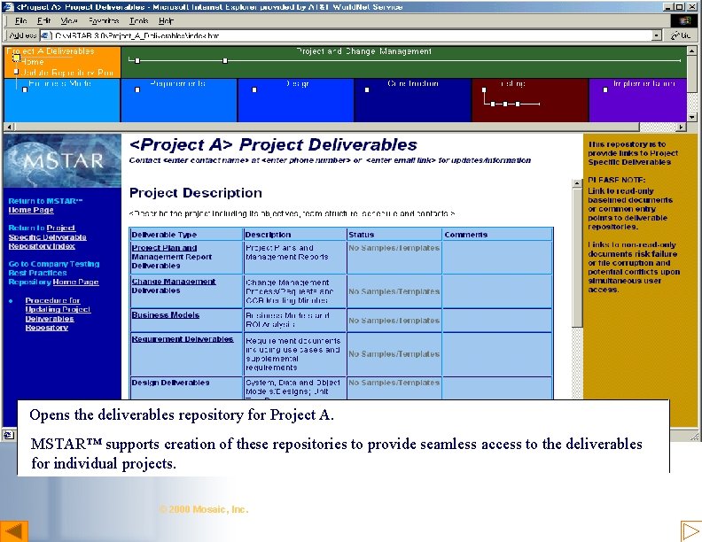 Project A Repository Opens the deliverables repository for Project A. MSTAR™ supports creation of