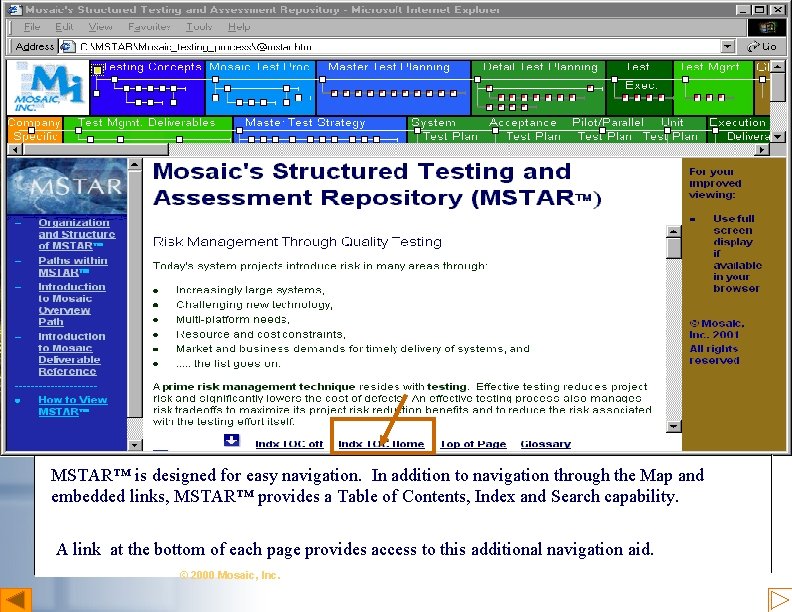 Accessing the TOC- Index MSTAR™ is designed for easy navigation. In addition to navigation