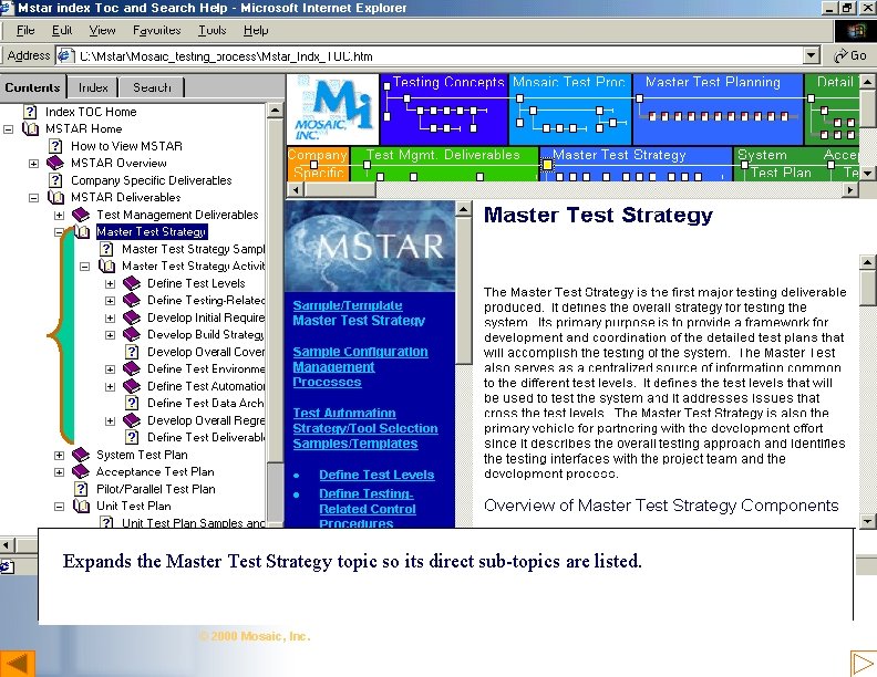 Table of Contents Expansion Expands the Master Test Strategy topic so its direct sub-topics