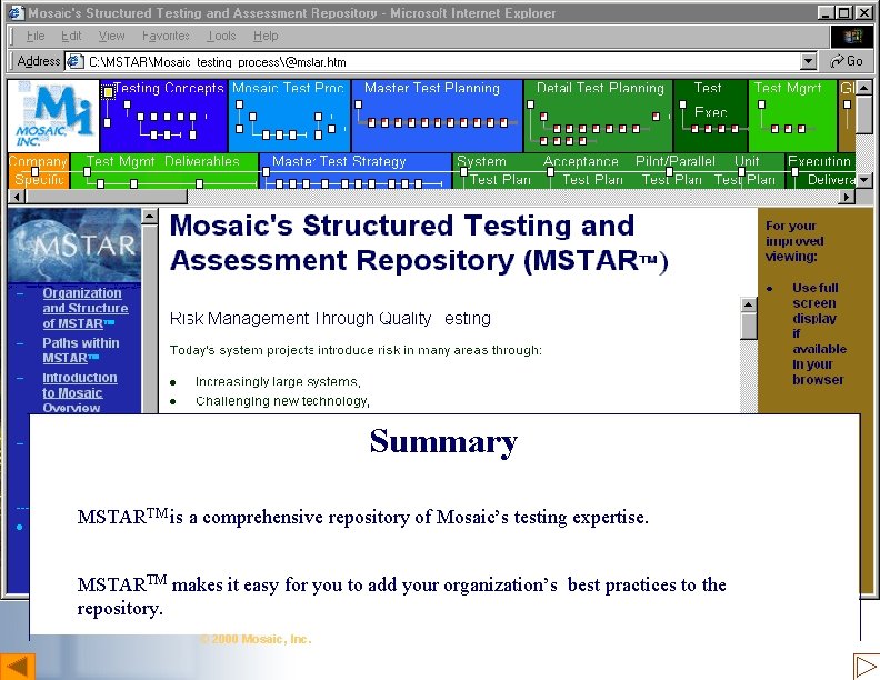 Summary MSTARTM is a comprehensive repository of Mosaic’s testing expertise. MSTARTM makes it easy