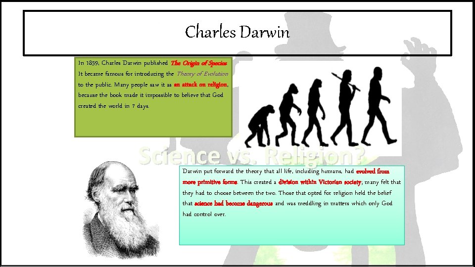 Charles Darwin In 1859, Charles Darwin published The Origin of Species. It became famous