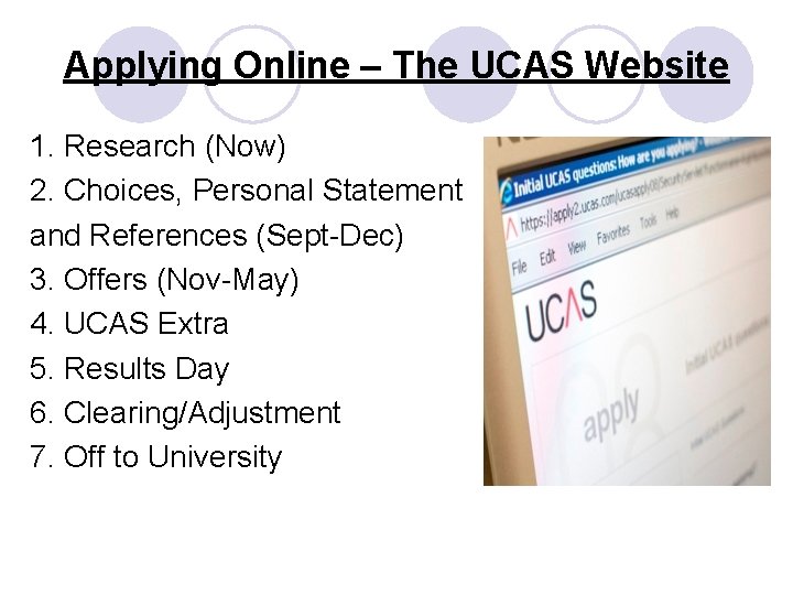 Applying Online – The UCAS Website 1. Research (Now) 2. Choices, Personal Statement and
