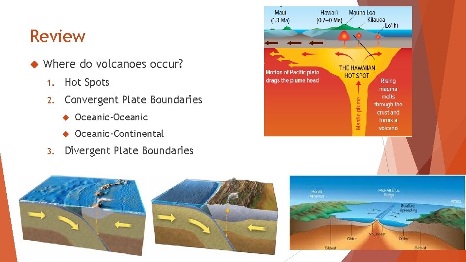 Review Where do volcanoes occur? 1. Hot Spots 2. Convergent Plate Boundaries 3. Oceanic-Oceanic-Continental