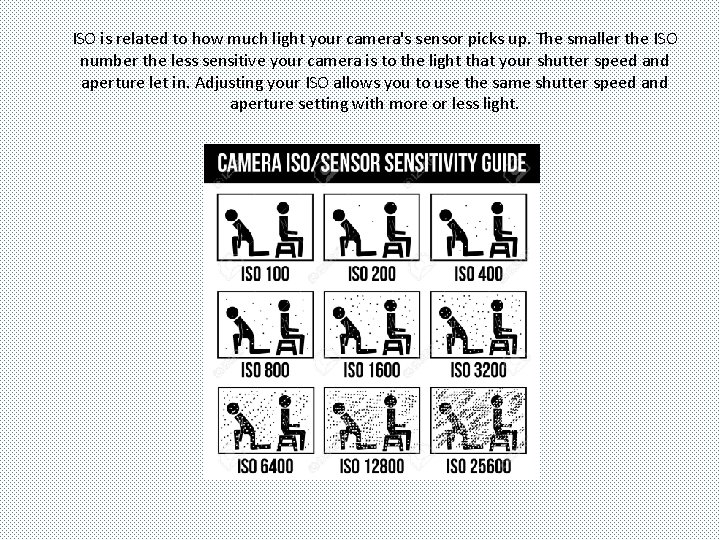 ISO is related to how much light your camera's sensor picks up. The smaller