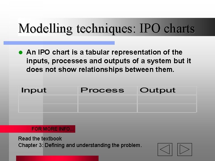 Modelling techniques: IPO charts l An IPO chart is a tabular representation of the Modelling techniques: IPO charts l An IPO chart is a tabular representation of the