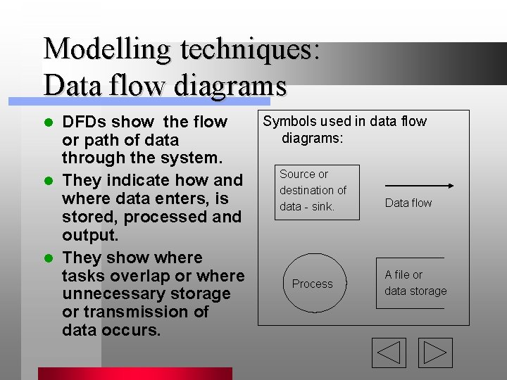 Modelling techniques: Data flow diagrams DFDs show the flow or path of data through Modelling techniques: Data flow diagrams DFDs show the flow or path of data through
