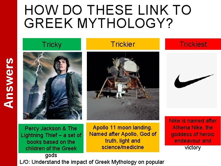 HOW DO THESE LINK TO GREEK MYTHOLOGY? Trickier Trickiest Answers Tricky Apollo 11 moon