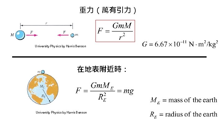 重力（萬有引力） University Physics by Harris Benson 在地表附近時： University Physics by Harris Benson 