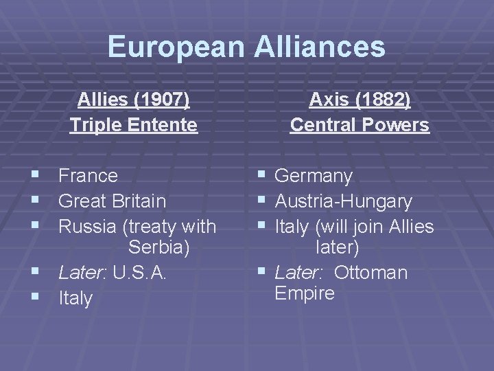 European Alliances Allies (1907) Triple Entente § France § Great Britain § Russia (treaty