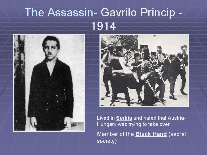 The Assassin- Gavrilo Princip 1914 Lived in Serbia and hated that Austria. Hungary was