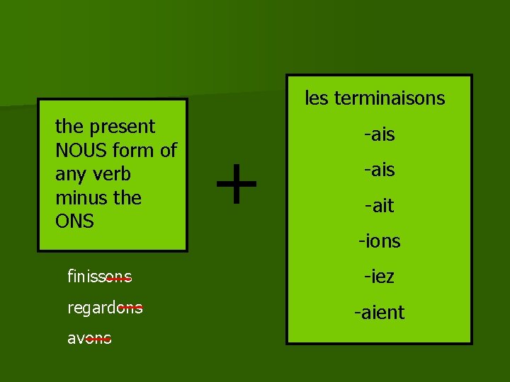 les terminaisons the present NOUS form of any verb minus the ONS finissons regardons