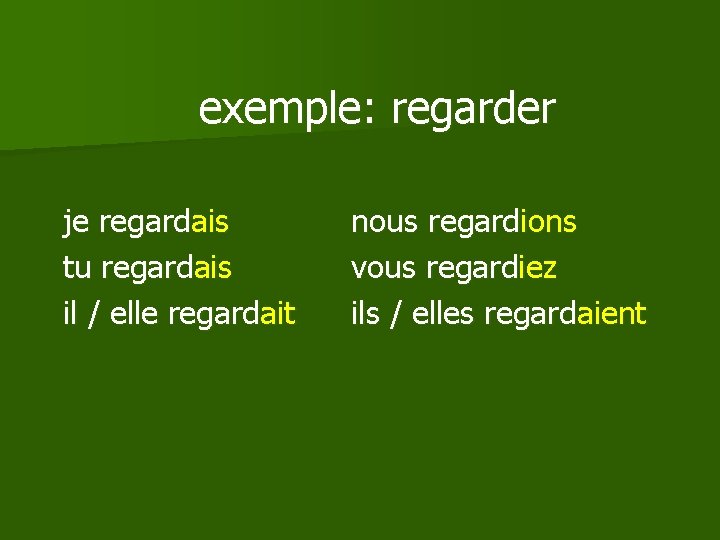 exemple: regarder je regardais tu regardais il / elle regardait nous regardions vous regardiez