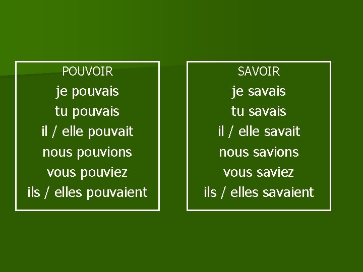 POUVOIR SAVOIR je pouvais tu pouvais il / elle pouvait nous pouvions vous pouviez