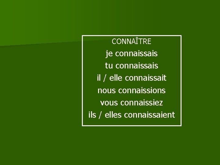 CONNAÎTRE je connaissais tu connaissais il / elle connaissait nous connaissions vous connaissiez ils