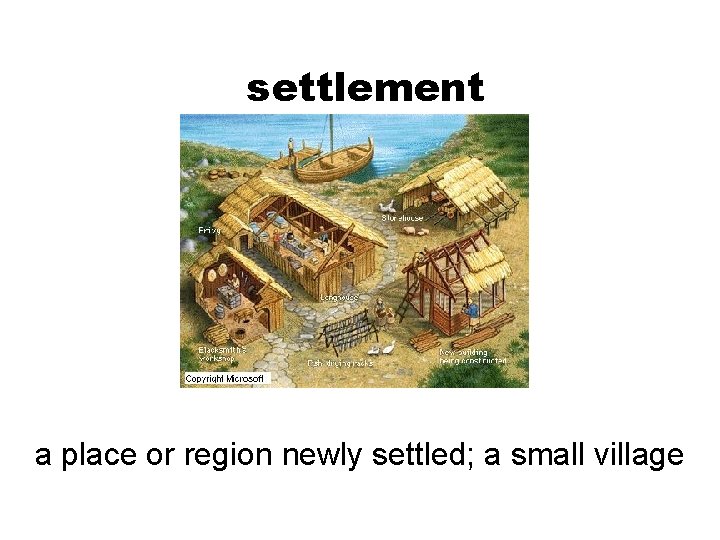 settlement a place or region newly settled; a small village 