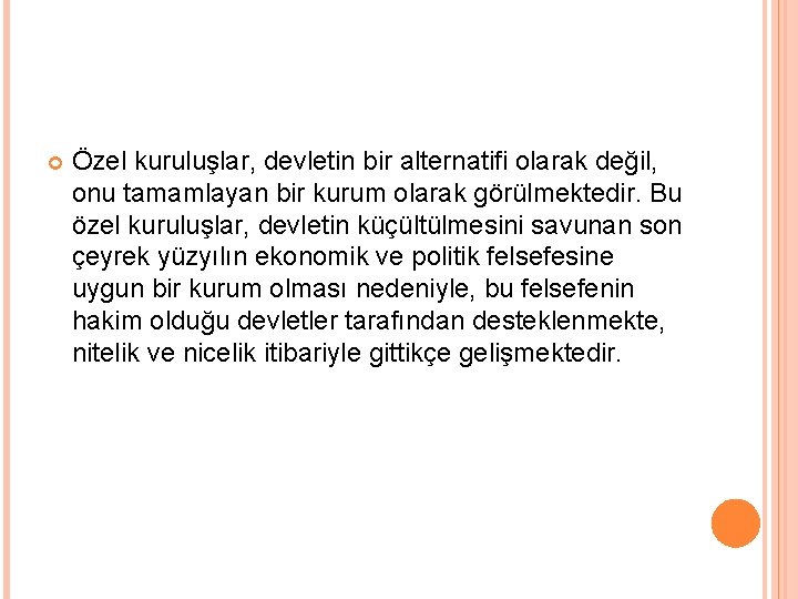  Özel kuruluşlar, devletin bir alternatifi olarak değil, onu tamamlayan bir kurum olarak görülmektedir.