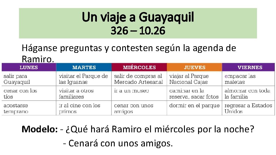 Un viaje a Guayaquil 326 – 10. 26 Háganse preguntas y contesten según la