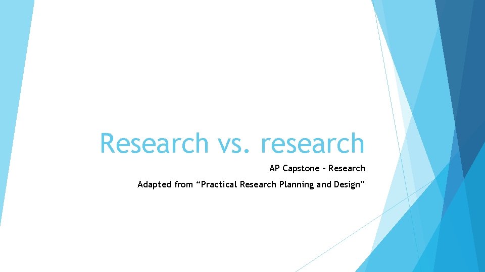 Research vs. research AP Capstone – Research Adapted from “Practical Research Planning and Design”