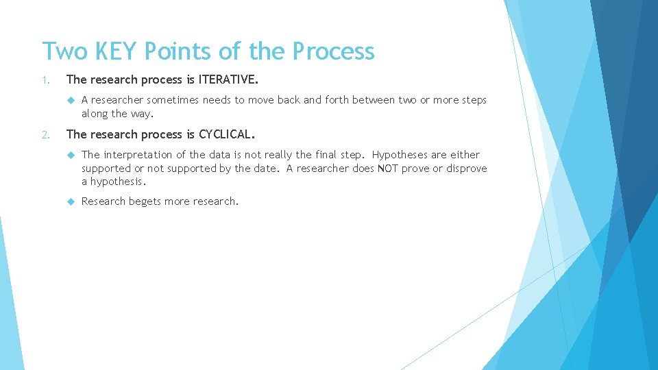 Two KEY Points of the Process 1. The research process is ITERATIVE. 2. A