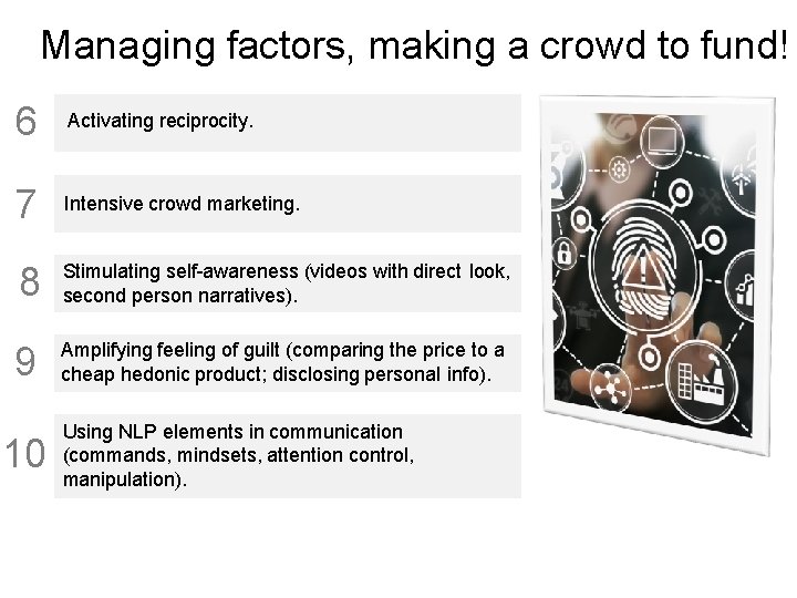 Managing factors, making a crowd to fund! 6 Activating reciprocity. 7 Intensive crowd marketing.