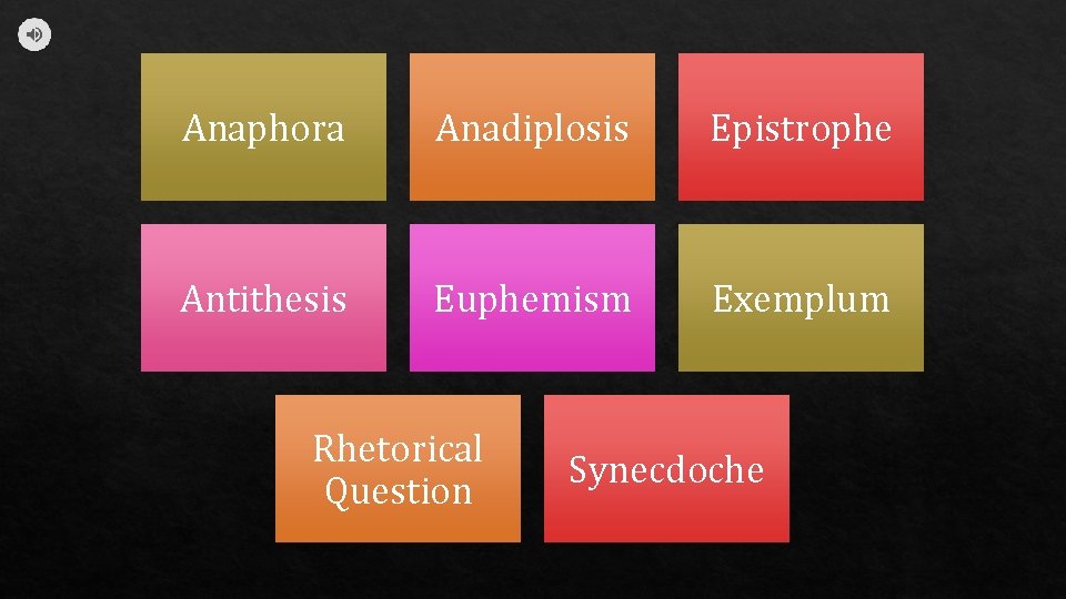 Anaphora Anadiplosis Epistrophe Antithesis Euphemism Exemplum Rhetorical Question Synecdoche 