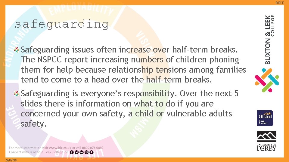 Slide 12 safeguarding Safeguarding issues often increase over half-term breaks. The NSPCC report increasing