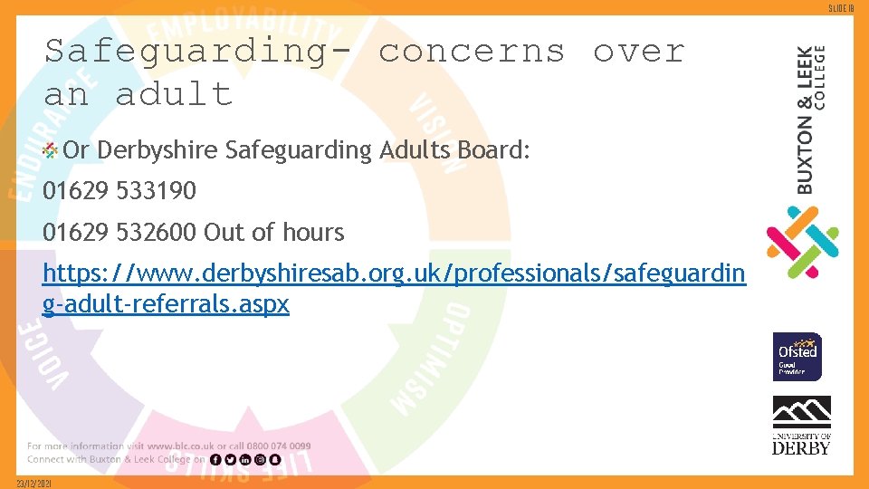 Slide 18 Safeguarding- concerns over an adult Or Derbyshire Safeguarding Adults Board: 01629 533190