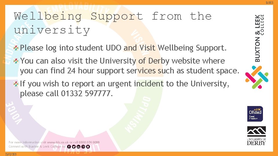 Slide 5 Wellbeing Support from the university Please log into student UDO and Visit