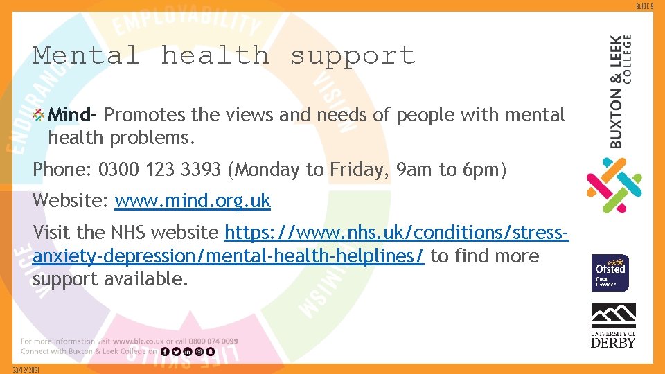 Slide 9 Mental health support Mind- Promotes the views and needs of people with