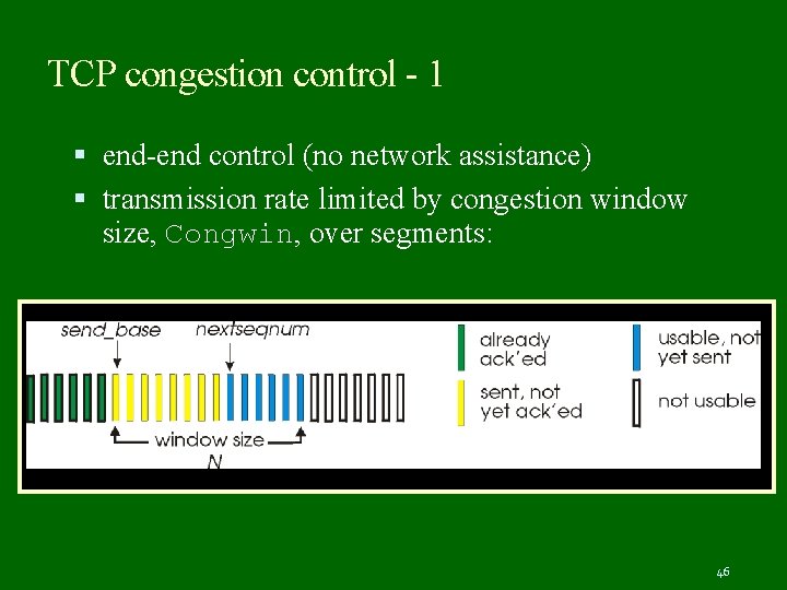 TCP congestion control - 1 end-end control (no network assistance) transmission rate limited by