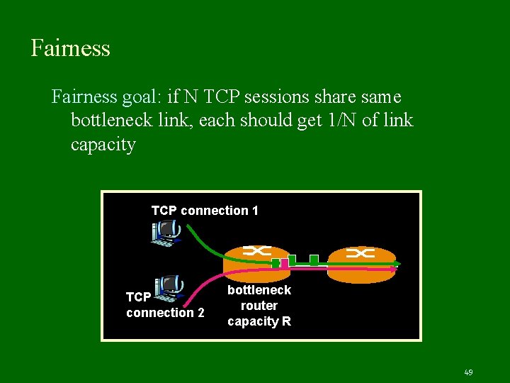 Fairness goal: if N TCP sessions share same bottleneck link, each should get 1/N