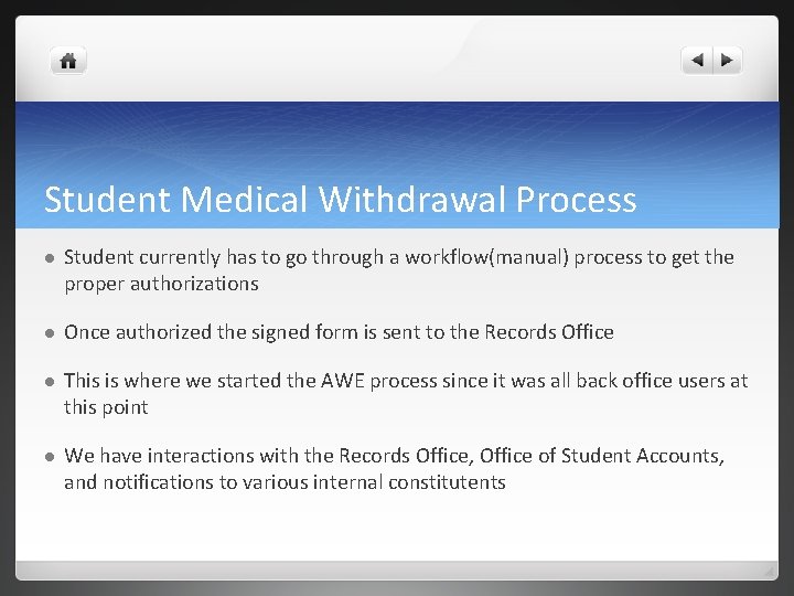 Student Medical Withdrawal Process l Student currently has to go through a workflow(manual) process