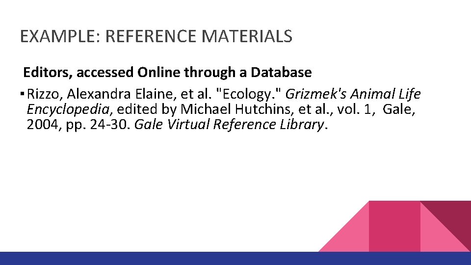 EXAMPLE: REFERENCE MATERIALS Editors, accessed Online through a Database ▪ Rizzo, Alexandra Elaine, et
