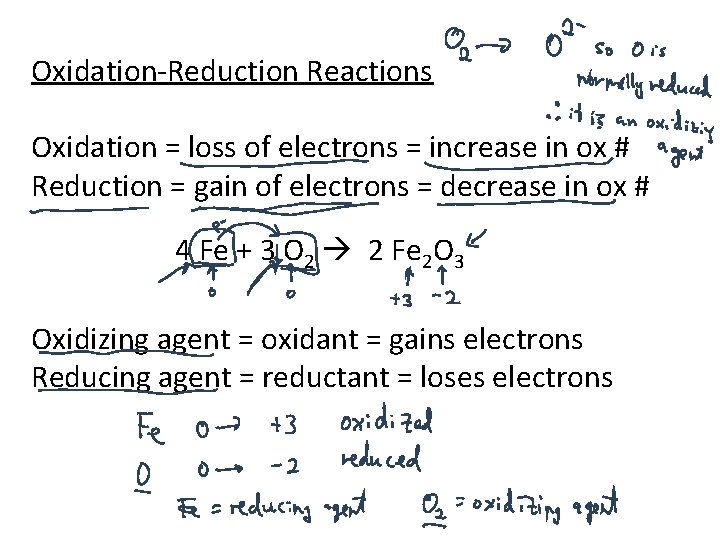 Oxidation-Reduction Reactions Oxidation = loss of electrons = increase in ox # Reduction =