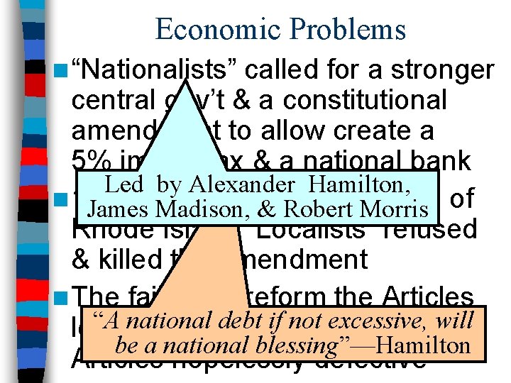Economic Problems n “Nationalists” called for a stronger central gov’t & a constitutional amendment