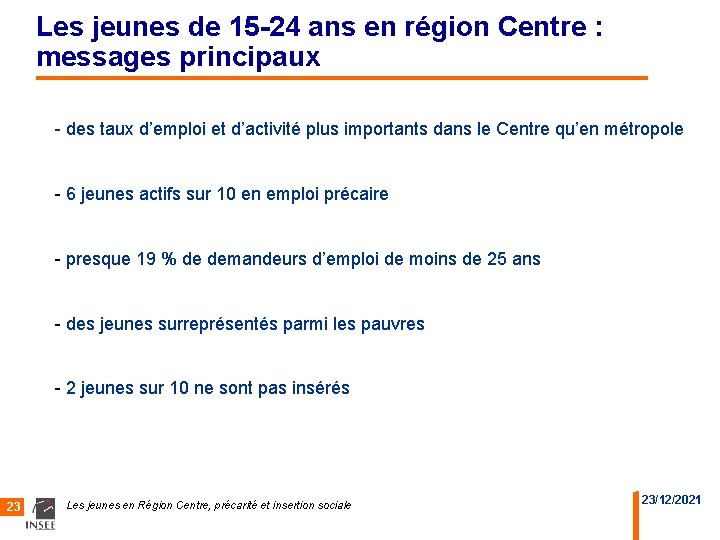 Les jeunes de 15 -24 ans en région Centre : messages principaux - des