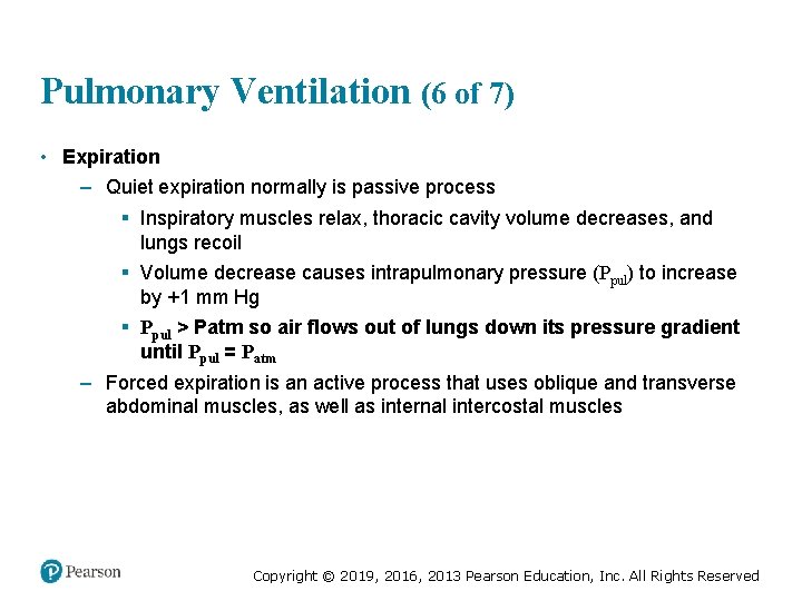 Pulmonary Ventilation (6 of 7) • Expiration – Quiet expiration normally is passive process