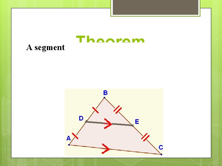 Theorem A segment whose endpoints are the midpoints of two sides of a triangle Theorem A segment whose endpoints are the midpoints of two sides of a triangle