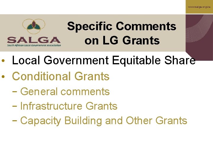 www. salga. org. za Specific Comments on LG Grants • Local Government Equitable Share