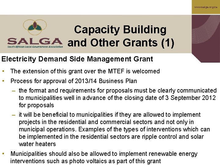 www. salga. org. za Capacity Building and Other Grants (1) Electricity Demand Side Management