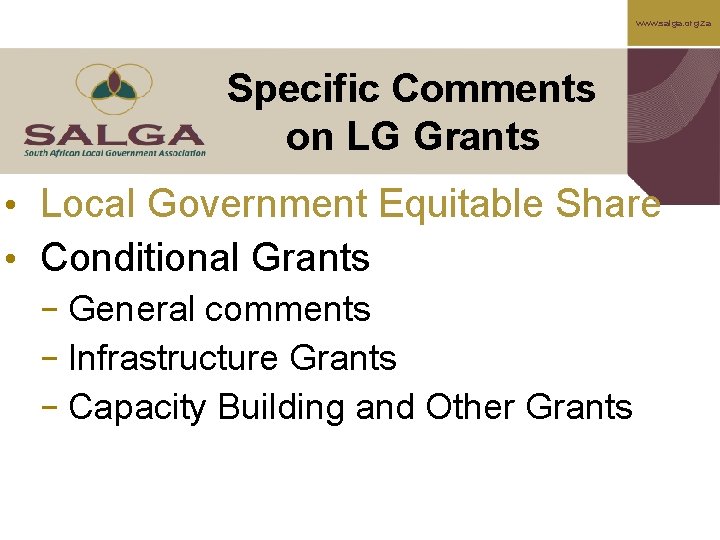 www. salga. org. za Specific Comments on LG Grants • Local Government Equitable Share