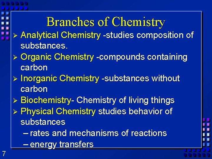 Branches of Chemistry Analytical Chemistry -studies composition of substances. Ø Organic Chemistry -compounds containing Branches of Chemistry Analytical Chemistry -studies composition of substances. Ø Organic Chemistry -compounds containing
