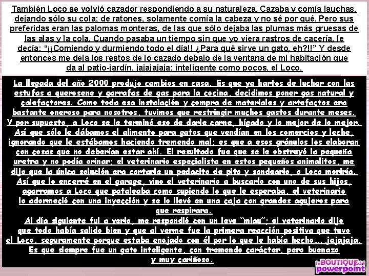 También Loco se volvió cazador respondiendo a su naturaleza. Cazaba y comía lauchas, dejando